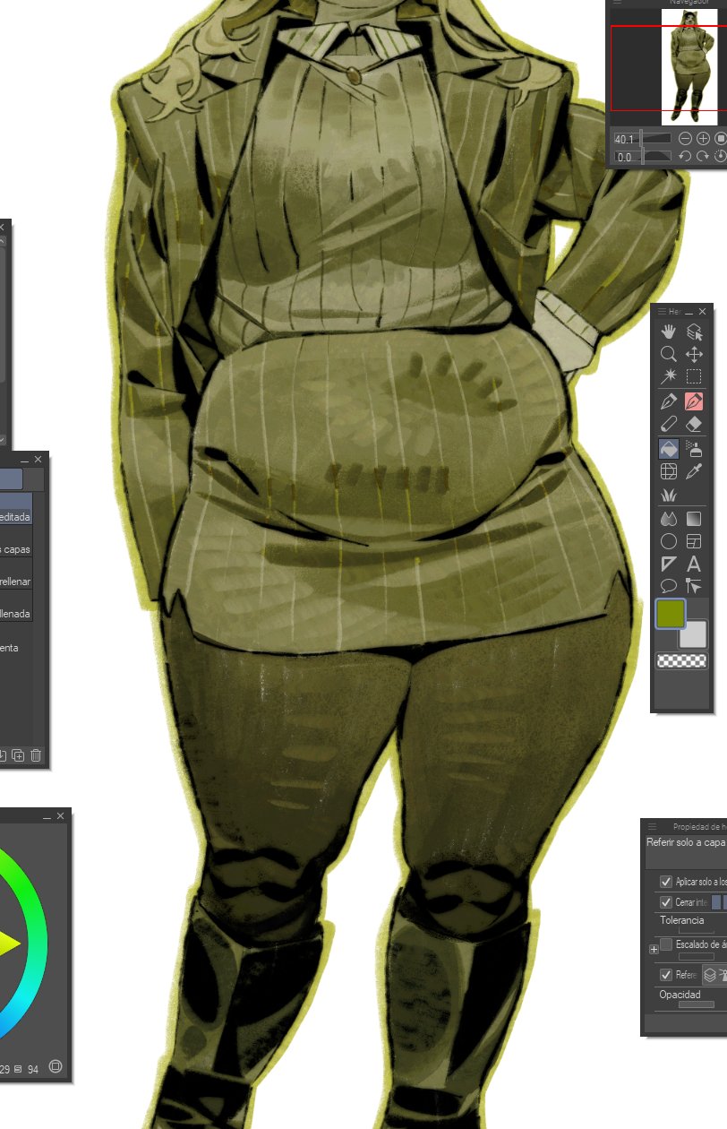 the image shows a digital painting in progress of a plussize female character wearing a pinstripe suit.  the artwork is stylized with visible brushstrokes and a painterly texture.  the image includes several interface elements from adobe photoshop, showing the layers panel, a color picker, and other tools. the character's clothing and overall style suggest a vintage or retro aesthetic. the artist appears to be working on coloring or shading the image using green hues.  there's a reference image visible in the topright corner, indicating the artist is potentially working from a reference. the overall impression is a work in progress of a fashion illustration or character design.