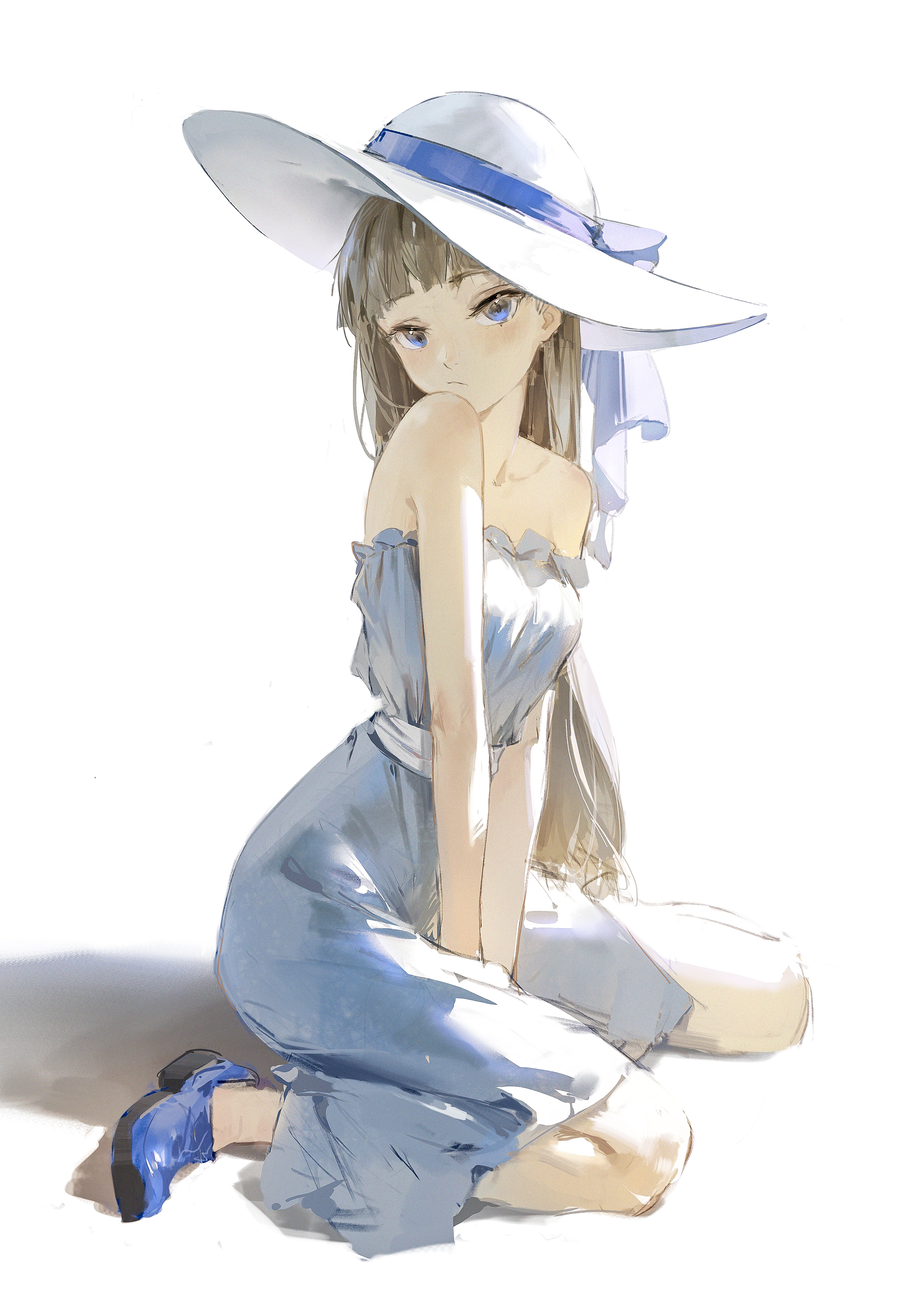 a cute anime girl with long white hair is sitting on the ground wearing a white sunhat with a blue ribbon and a blue dress. the background is white, so the girl is the focus of the image. the girl's face is soft and delicate, and her eyes are bright and blue. she is looking at the viewer with a sweet and innocent expression. the overall atmosphere of the image is one of beauty, innocence, and summery joy.