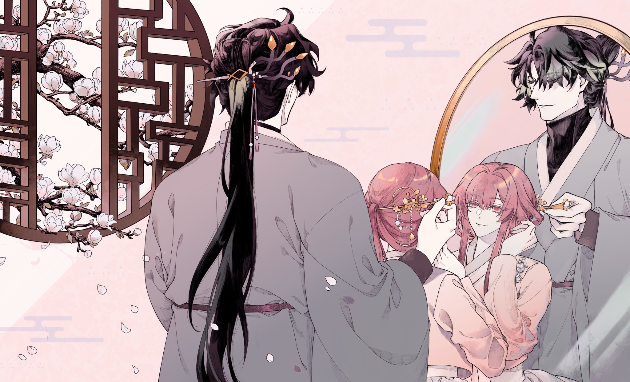 the image depicts an anime couple dressed in traditional hanbok clothing. the male character is standing behind the female character, helping her fix her hair and accessories, and the female character is looking into a mirror. the couple is dressed in traditional korean attire, with the male character wearing a gray hanbok with gold accents and the female character wearing a pink hanbok with gold accents. the image is set against a backdrop of blooming magnolia flowers and a traditional japanese window, creating a romantic and ethereal atmosphere.