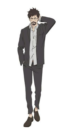 a cartoon drawing of a man with short brown hair and a goatee, wearing glasses, a white buttondown shirt, and a dark gray suit. he's standing with his right hand on the back of his head.  the background is white.