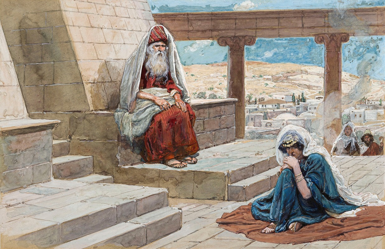 a watercolor painting depicts an old man and a woman, likely jewish, in what appears to be a scene from an ancient city. the old man, with a long white beard, is seated on a set of stone steps. he wears a turban and a robelike dress, covered by a veil. the woman, also wearing a veil, is seated on the ground with her arms wrapped around her legs, displaying a demeanor of sadness or concern. the scene is set on the steps of a building with columns that overlook a city in the desert. in the background, other figures can be seen standing near the woman.