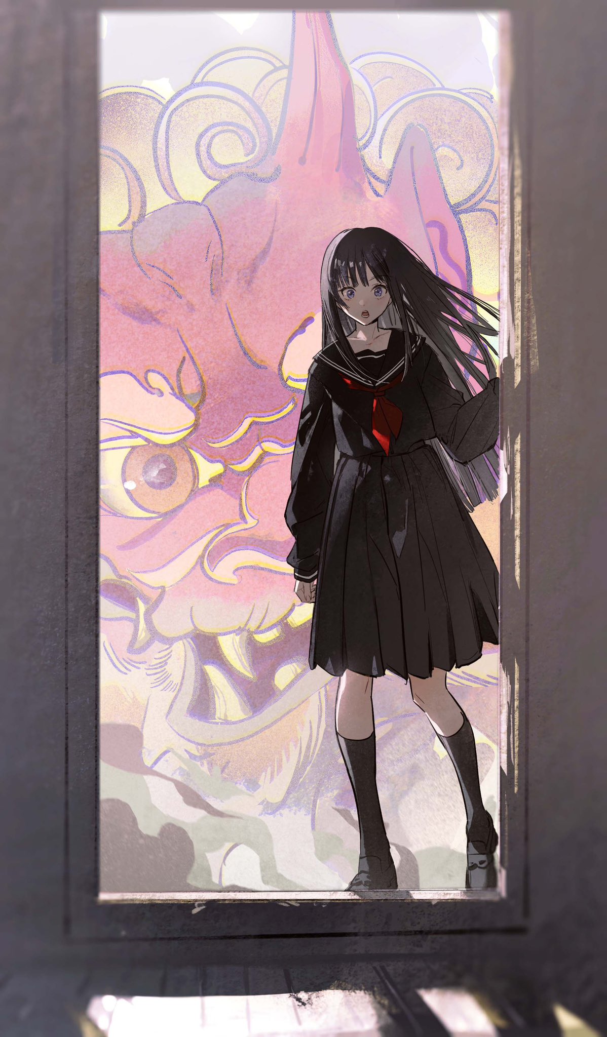 the image shows an animestyle schoolgirl standing in a doorway. behind her is a large painting or illustration depicting a fearsome oni mask or yokai. the girl is wearing a classic japanese school uniform consisting of a black pleated skirt, white blouse, and black shoes and socks. she has long dark hair and purple eyes. the oni mask is a vibrant pink and purple with sharp teeth and large eyes. the overall style is a blend of dark and light elements, with a somewhat mysterious and slightly unsettling mood. the contrast between the cute schoolgirl and the ominous oni creates an interesting visual juxtaposition.