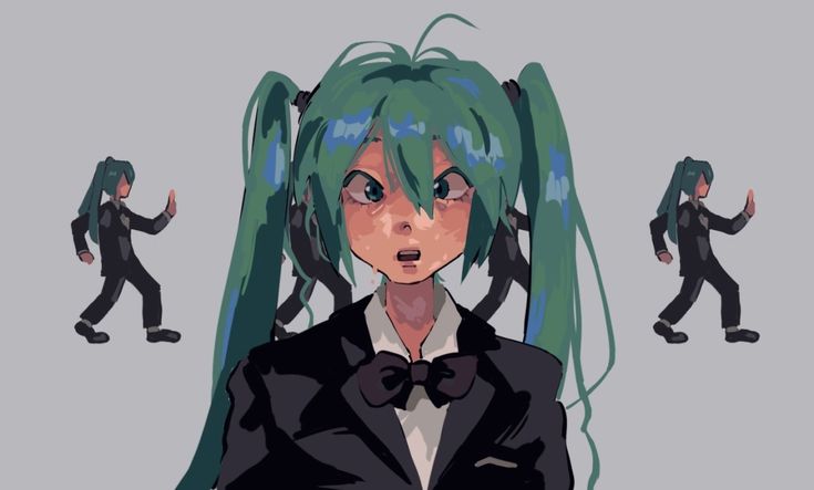 the image is a digital fanart featuring hatsune miku, a popular vocaloid character. the main focus is a central miku, rendered in a stylized, almost painterly manner, with a surprised or worried expression.  she's wearing a dark suit with a bow tie.  two smaller, identical mikus are shown walking to either side of her in the same suit, giving the impression of clones or reflections. the art style is distinct, blending elements of anime and a more painterly texture, with bold color choices and exaggerated features.  the background is a simple, muted grey.