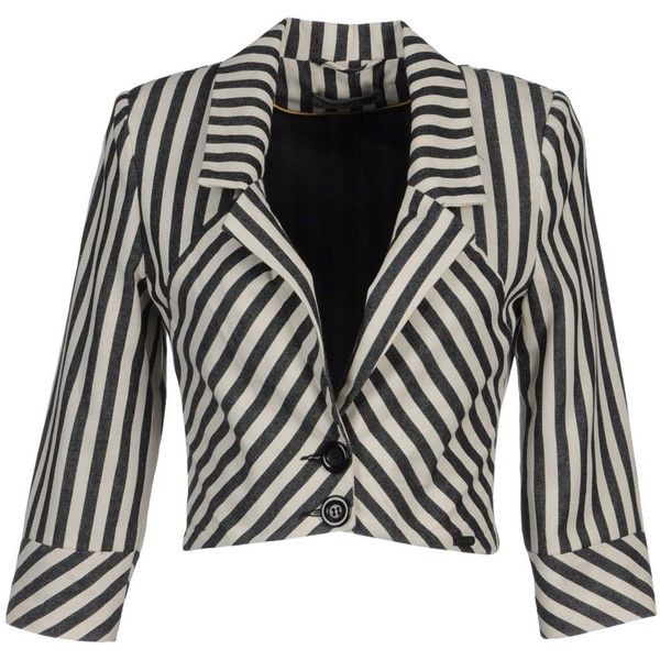 a black and white striped blazer is shown. the blazer is cropped with short sleeves and has a twobutton closure. the lining of the blazer is black.
