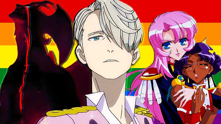 the image features four anime characters superimposed on a rainbow flag background. the characters are drawn in various styles, indicating they are likely from different anime series. one character is depicted wearing a pink outfit.