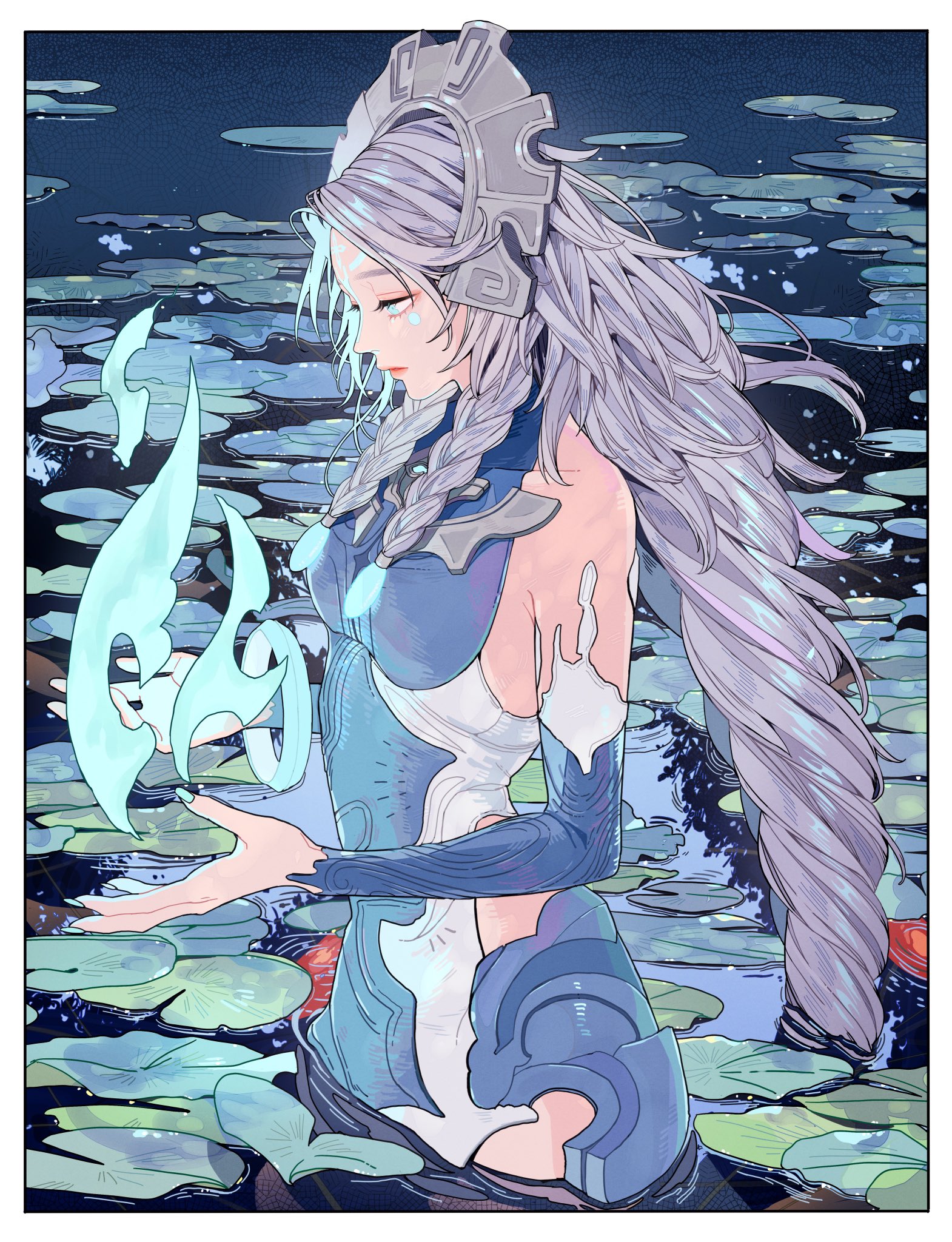 a digital art image of a woman with gray hair, wearing blue and white armor and a headdress, standing in water with water lilies. she is holding floating blue objects. the style is reminiscent of manga.