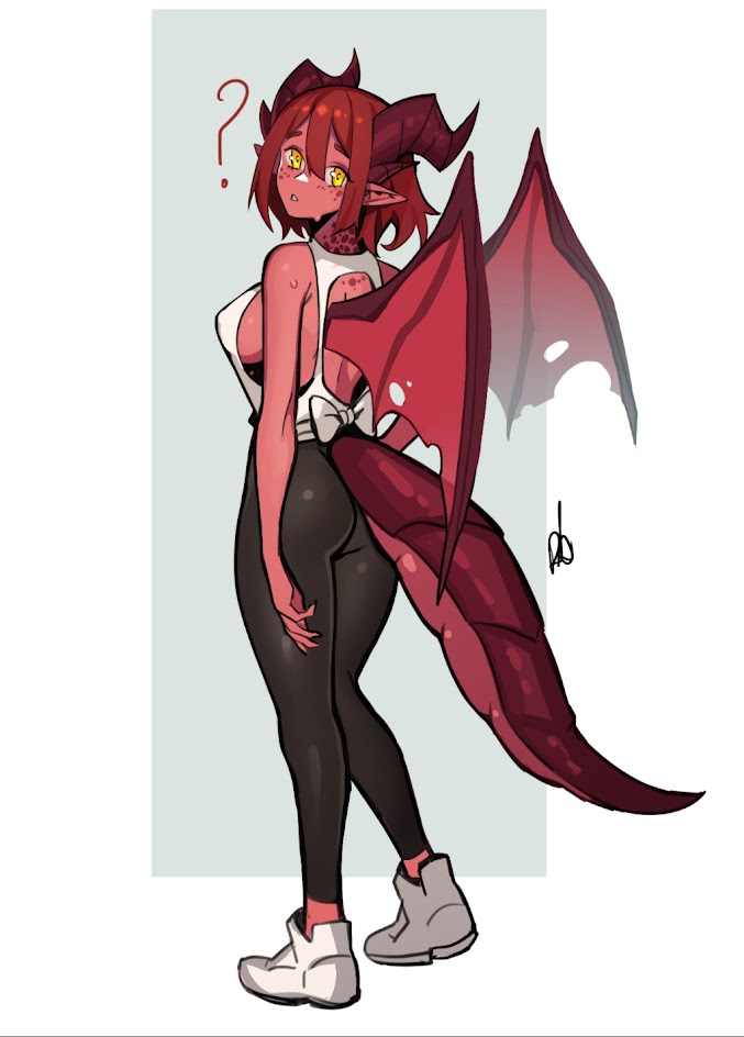 a red dragon girl wearing a white tank top and black leggings looks confused with a question mark over her head. she is wearing white shoes with a long red tail and large red wings.