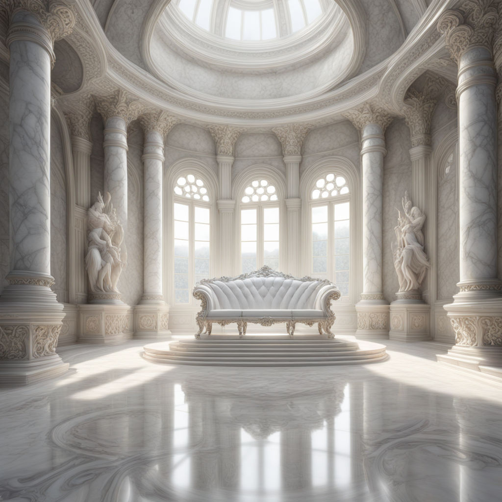 a opulent and spacious circular hall, bathed in natural sunlight streaming through a central dome and arched windows. the room is crafted predominantly from white marble, showcasing intricate detailing on the columns, walls, and dome. two classical sculptures stand sentinel flanking the arched windows. a majestic white throne, intricately carved and upholstered, sits prominently on a raised platform in the center of the hall, commanding attention. the polished marble floor reflects the sunlight and the surrounding grandeur, amplifying the feeling of opulence and space.