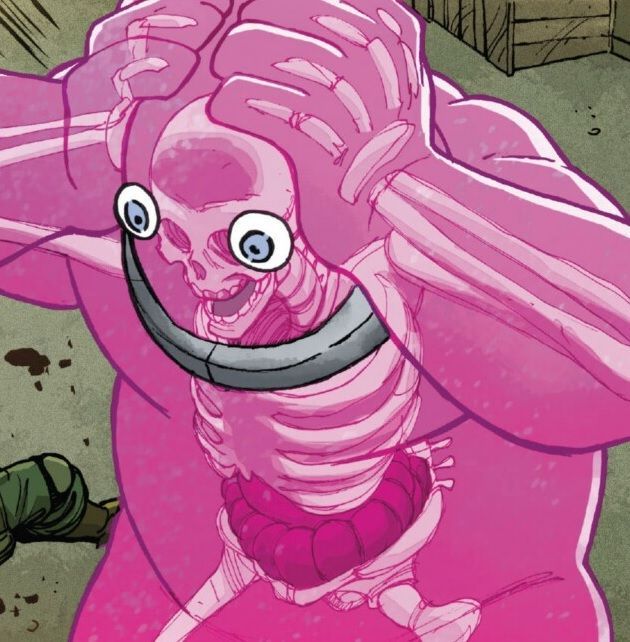 a pink cartoon creature with a skeleton visible inside is looking scared and surprised with large eyes. it is grabbing its head with both hands. the background is a green and brown mottled pattern.