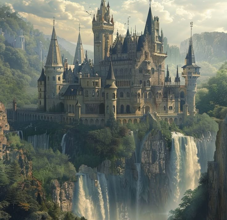 the image shows a large medieval castle situated atop a cliff face with multiple waterfalls cascading down the sides. the castle has several towers and spires, and is surrounded by lush green trees and mountains. the sky is filled with clouds and a few birds can be seen flying above the castle.
