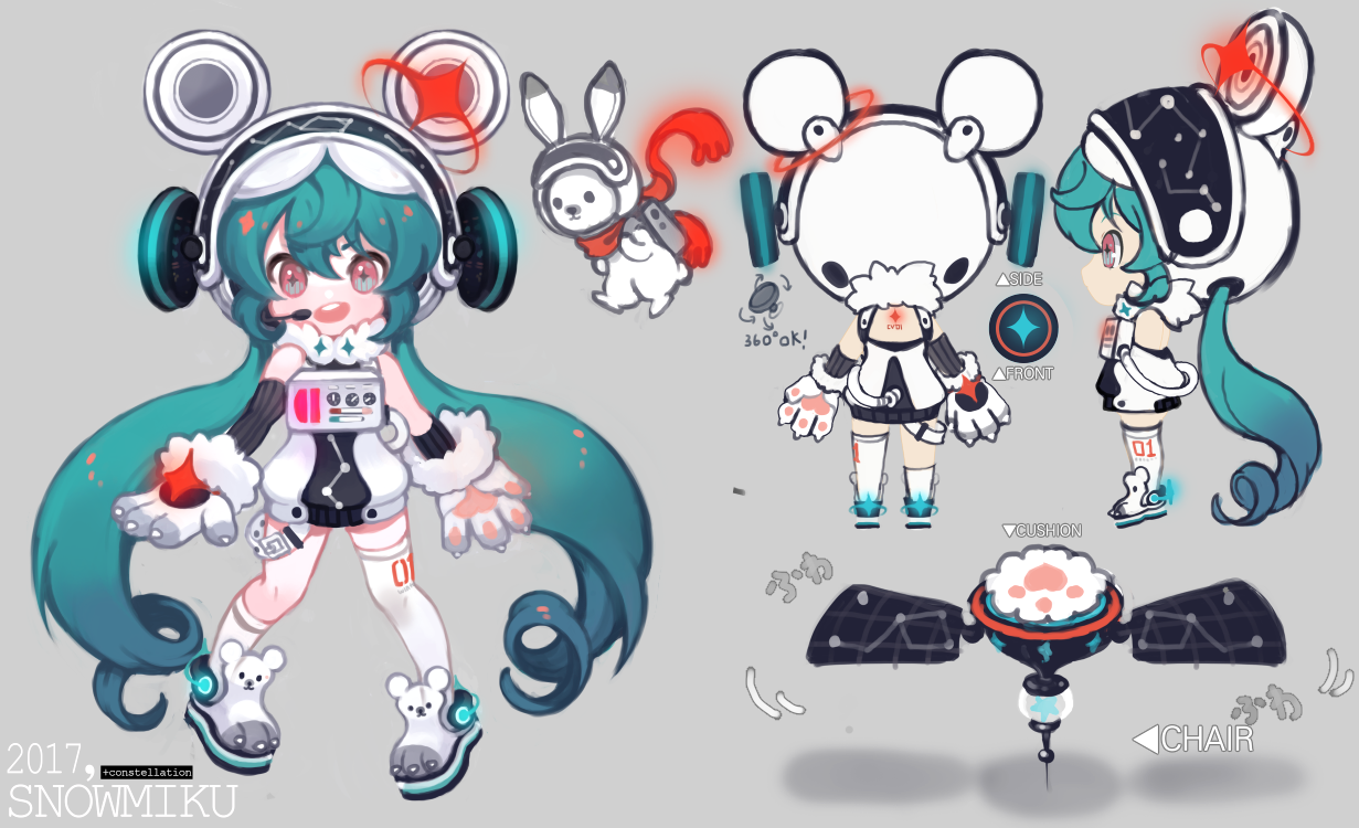 this is a character design sheet for a snow miku design. it features a chibistyle hatsune miku with spacethemed attire and a rabbit companion. the sheet showcases different angles of the design, including front, side, and back views, as well as closeups of her accessories and a separate chair object. the color palette primarily consists of white, teal, and black, with hints of pink and gray. ```