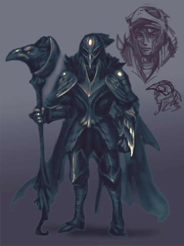 a digital illustration of a dark fantasy warrior wearing full black armor and a cloak. the warrior is holding a staff that looks like a raven's head. the warrior has a mysterious look and is surrounded by a gloomy atmosphere.