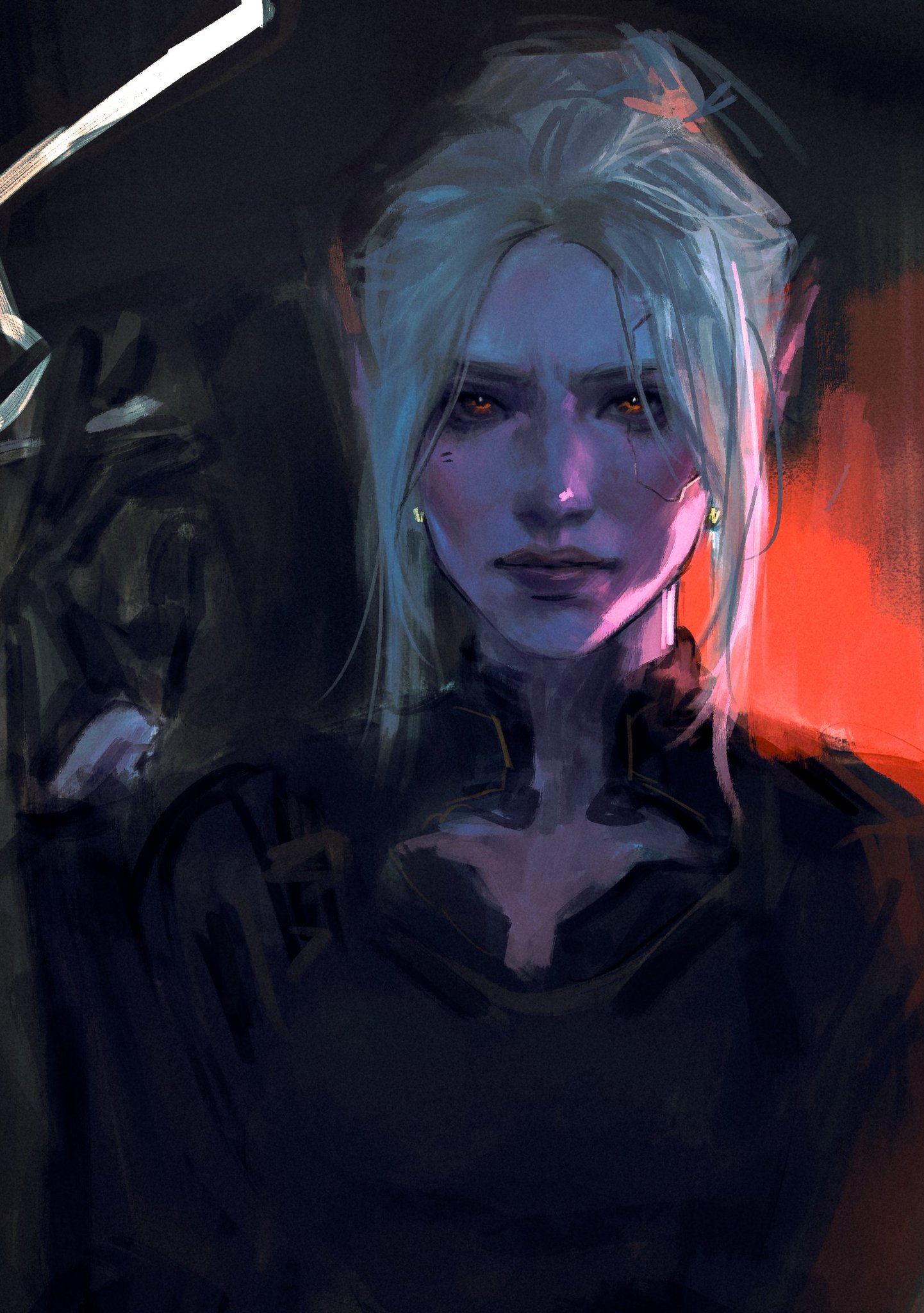 the image is a digital painting depicting a striking female elf. she has pale, purplish skin, long blonde hair styled up, and intense orange eyes that seem to glow slightly.  she appears serious or perhaps even menacing.  her clothing is dark, possibly black or deep purple, with hints of gold or yellow detailing suggesting an ornate, possibly highstatus, attire. the background is a blend of dark shadows and a patch of fiery red light. the painting style is painterly and dramatic, using a visible impasto technique to create texture and depth. the overall mood is mysterious and powerful.