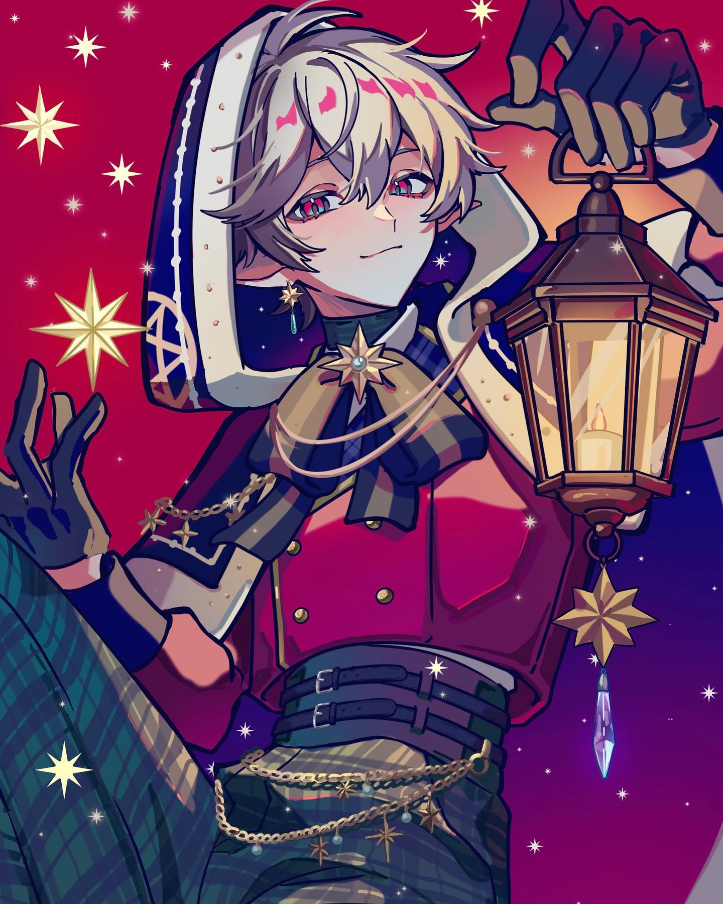 the illustration showcases a young man with striking red eyes and white hair styled in an anime/manga aesthetic. he's adorned in an elaborate, festive outfit featuring a red, white, and green color scheme, accented with gold details and star motifs. he holds a vintage lantern aloft, its warm light illuminating his face. the background is a deep red scattered with white and gold stars, creating a magical and celebratory atmosphere.