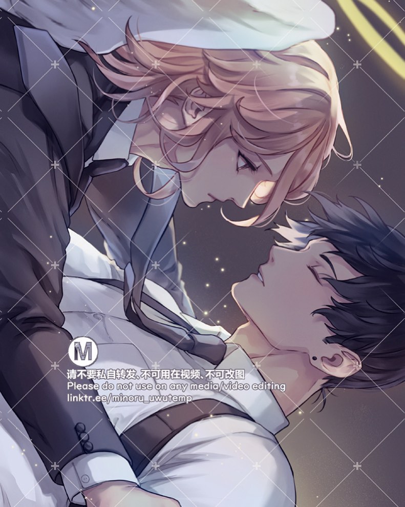 he image is a beautiful and intimate depiction of a yaoi couple. two young men, one with long pink hair and the other with dark hair, are embracing closely, their faces inches apart as if sharing a tender kiss. the style is reminiscent of anime or manga, with soft lines and delicate coloring. the background is dark and mysterious, creating a mood of romance and passion.  the overall artistic style is elegant and stylish, with a focus on the emotional connection between the two characters. a watermark is visible, indicating the artist's copyright. the "m" rating suggests mature themes.