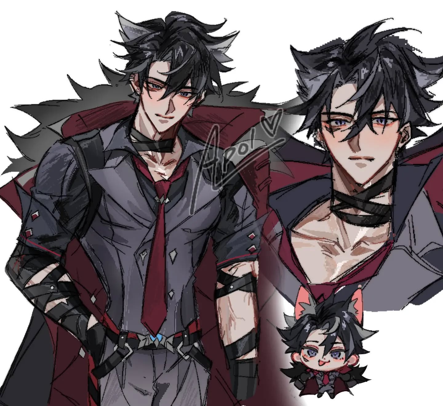 the image showcases a stylized animestyle male character design, possibly fanart.  the main figure is depicted in a threequarter view, displaying a detailed outfit that includes wolf ears, a grey jacket with red accents, a dark tie, and a belt.  the character has dark hair and a serious but somewhat soft expression.  a closeup of the character's upper body is presented alongside the full figure.  additionally, a smaller chibi version of the character is included in the bottom right corner. the art style is distinctly mangainfluenced with a blend of sharp and soft lines and shading, creating a slightly dark and fashionable aesthetic. the overall presentation suggests a potential character from a game, anime, or comic.