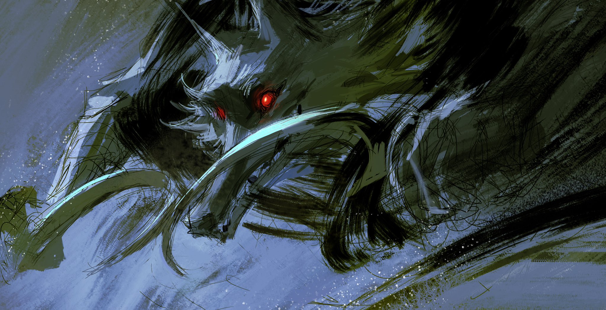 this digital art piece is a dark, abstract painting of a wolf with red eyes. the wolf is mostly black, with a few hints of blue and green. the background is a mixture of brush strokes, with some hints of stars or snow. the wolf appears to be snarling or growling, making it look scary and menacing. the piece is full of energy and movement, and the colors are very striking. the overall impression is that of a dangerous and powerful creature.