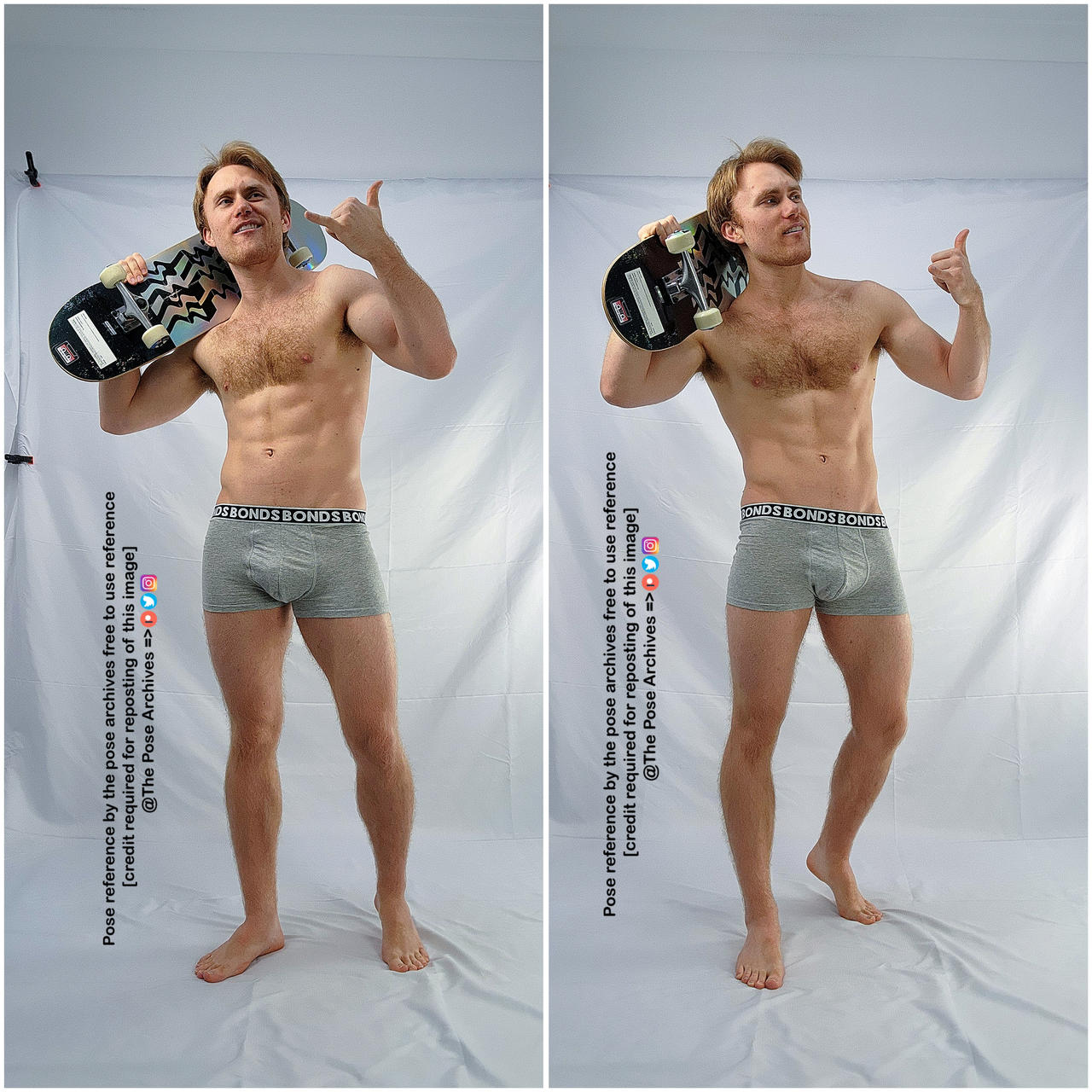 a collage of two images featuring the same muscular, caucasian man in gray underwear holding a skateboard.  he is posing against a white background in a studio setting.  the images appear to be for use as pose references, with credit requested for reposting.