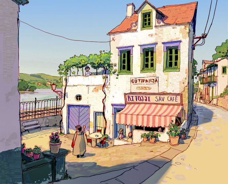 the image is of a sunny, picturesque street in what appears to be a european village. there is a cafe called "ritoji sav cafe" with a striped awning and green trim on the windows.  a person walks by in a long dress. in the background, you can see a river and mountains.  the overall feeling of the image is warm, inviting, and charming.