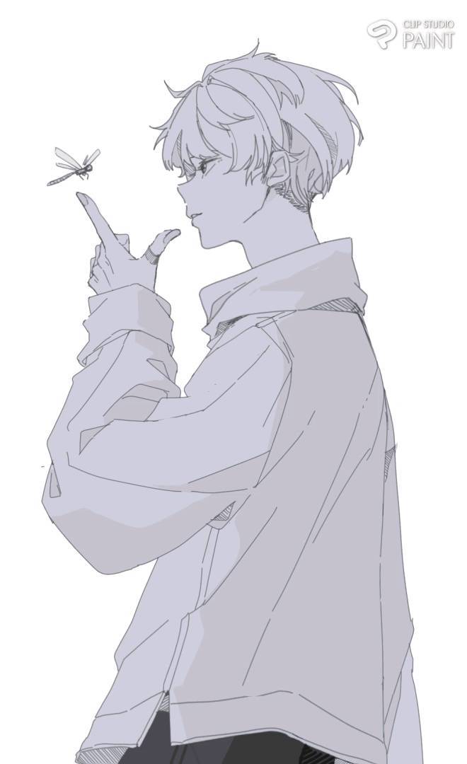 the image is an animestyle illustration of a young boy with short, lightcolored hair. he is wearing a lightcolored hoodie or jacket and is looking at a dragonfly that is positioned near his hand. the art style is minimalist and delicate, with soft lines and muted colors.  the overall mood is peaceful and serene. the background is plain white, drawing all attention to the character and the dragonfly. the image is created using clip studio paint software.