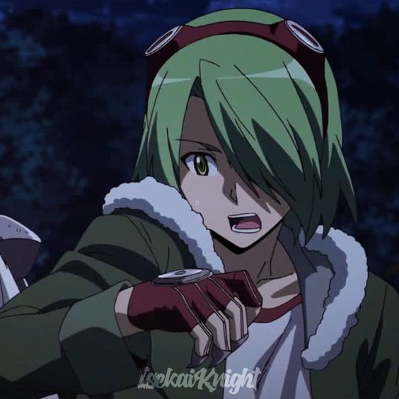 this is a closeup portrait of an anime girl with green hair and red eyes. she is wearing a white shirt, a green jacket with a white fur collar, and red gloves. she has a determined look on her face and is pointing with her right hand. the background is dark and blurred.