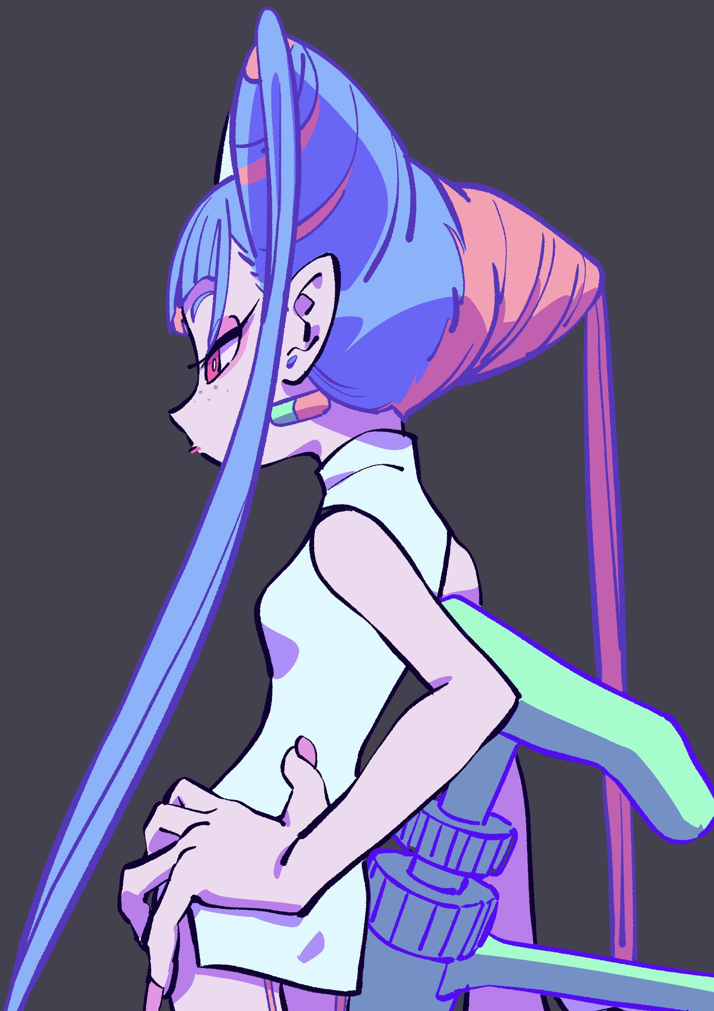 the image shows a side profile of a girl with vibrant blue hair in a cyberpunk, anime style. she's wearing a white top and green accessories, including a large device on her arm.  the background is a muted purple and the lighting suggests an indoor setting.