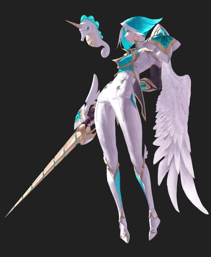 a fantasy anime character in white and blue armor with large white wings and a long spear. the character is a female warrior with a determined expression. the character is drawn in a detailed and colorful style and the background is black.