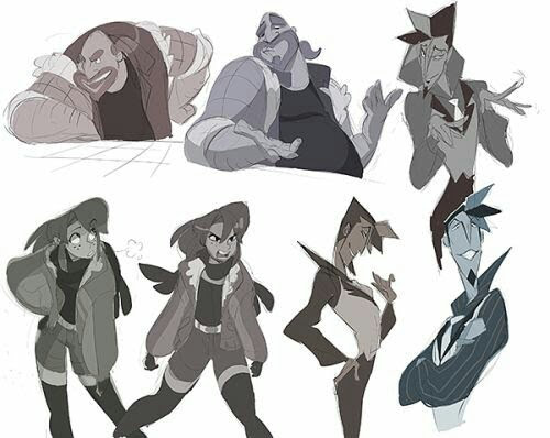 this digital illustration features eight characters drawn in a cartoon style. the characters are a diverse group of people, both male and female, each with their own unique expressions and poses. the artwork is created in a digital sketch style.