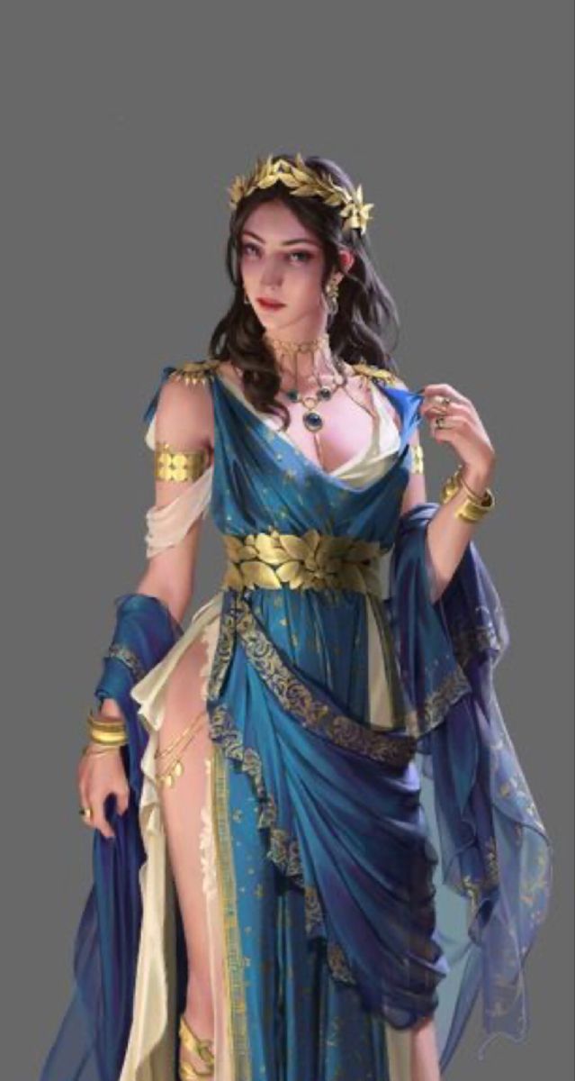 he image is a digital painting or illustration of a woman, possibly a goddess or queen, in a fantasy setting. she is wearing a flowing blue and gold gown with intricate details. her hair is dark and long, and she is adorned with a gold crown or tiara and various gold jewelry. her expression is serious and regal.  the background is a simple, neutral gray, which draws attention to the woman and her attire. the overall style is evocative of ancient greek or roman art and mythology.