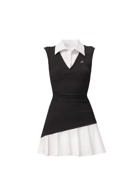 a black sleeveless dress with a white collar and pleated skirt. the model is wearing a black dress with a white collar and a pleated skirt.