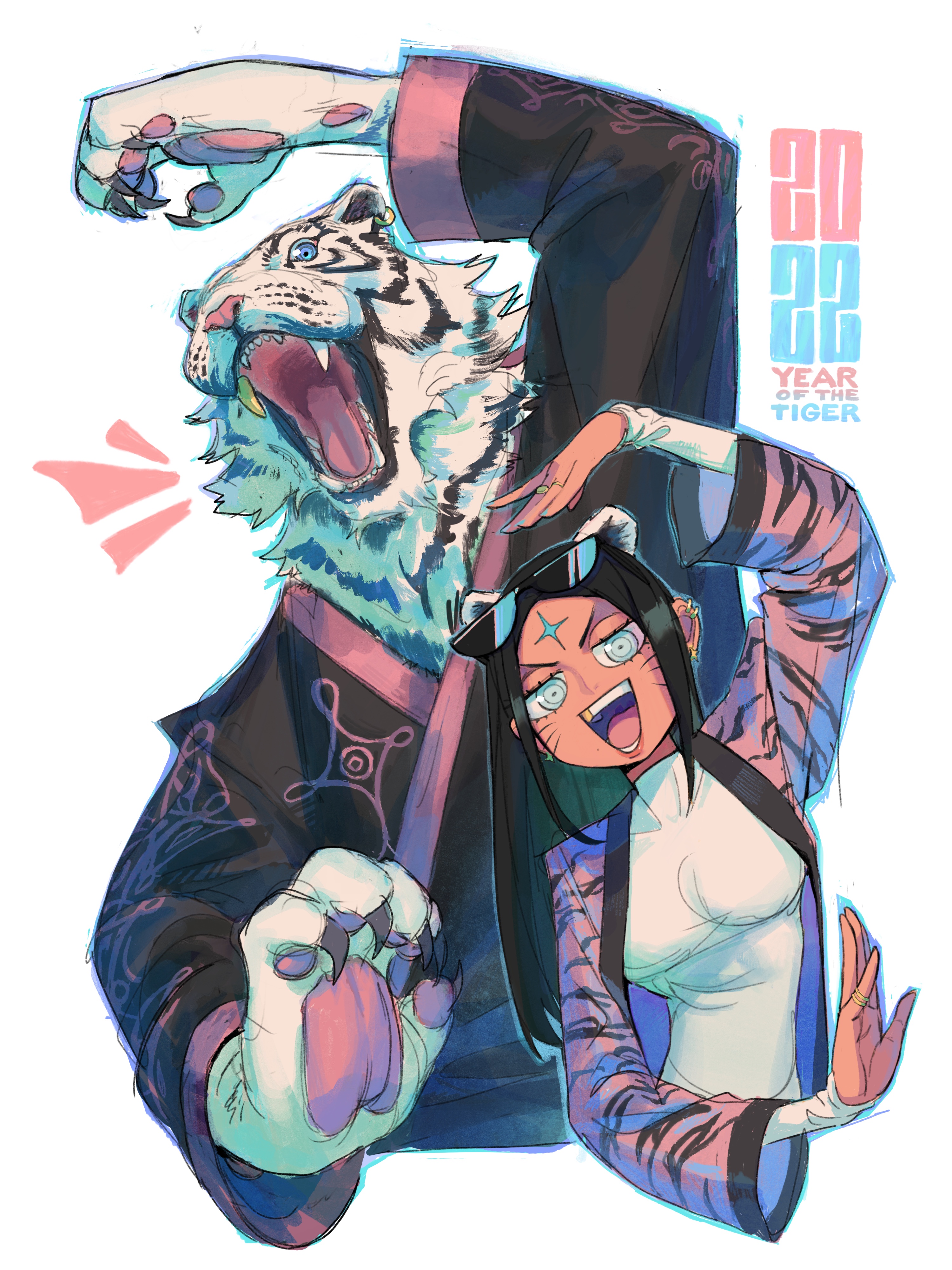 he image is a vibrant and stylized digital painting celebrating the year of the tiger (2022). it features a young woman in a tigerstriped outfit, playfully interacting with a large, anthropomorphic white tiger.  the tiger is depicted in a traditionalstyle robe, contrasting with the girl's modern streetwearinspired clothing. both figures are dynamic and expressive, creating a powerful and energetic composition. the overall aesthetic blends traditional asian imagery with contemporary pop art influences. the year 2022 and the phrase "year of the tiger" are prominently displayed.