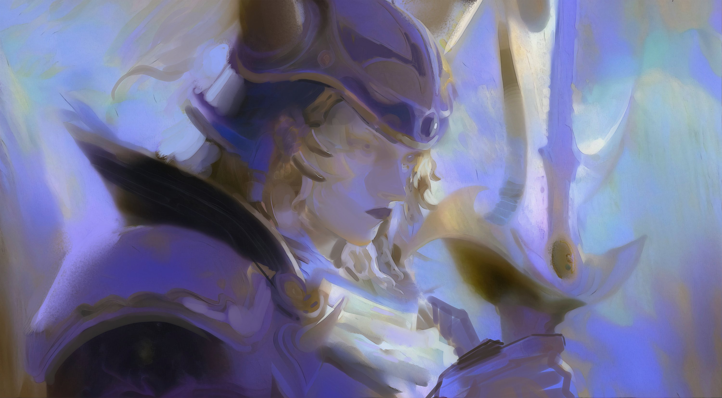 this is a digital painting of a female warrior. she is wearing a helmet and armor and is holding a sword. the background is blurry and abstract, with blue, purple, and white colors. the overall atmosphere is ethereal and mystical. the woman's face is blurred and her expression is serene. the image suggests strength, beauty, and power.