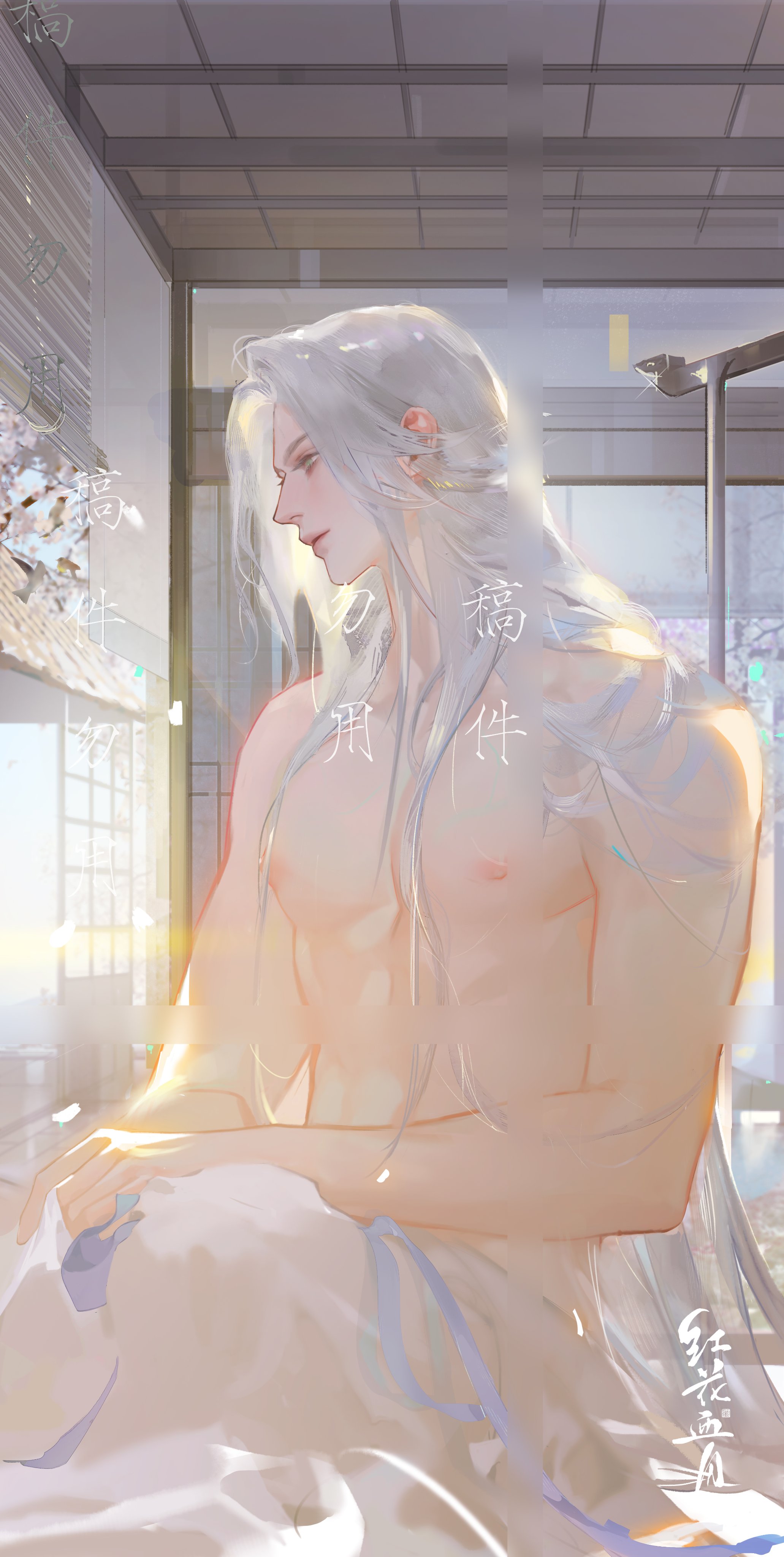 the image features a shirtless, muscular man with long, flowing white hair. he is seated, turned slightly to the side, with his head bowed in contemplation. the soft, natural lighting suggests a serene atmosphere, possibly a bathroom or bathing area, as indicated by the shower stall in the background. the delicate brushstrokes and ethereal quality of the art contribute to the overall sense of tranquility.