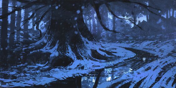 a dark and moody forest scene in the winter. the trees are covered in snow and the ground is covered in a thick layer of snow. the only light source is the moon, which is casting a blueish light on the scene.