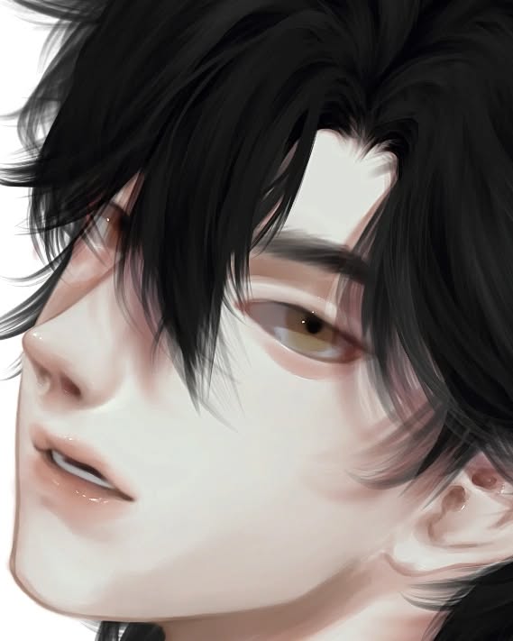 the image is a closeup digital painting or illustration of a young animestyle man's face. he has dark, slightly messy black hair that partially obscures his forehead. his skin is pale and smooth, and his expression is somewhat serious or pensive. his eyes are a light brown and appear thoughtful. the art style is soft and delicate, with subtle shading and highlighting that gives the image a gentle and elegant feel. the overall impression is one of quiet beauty and attractive features.