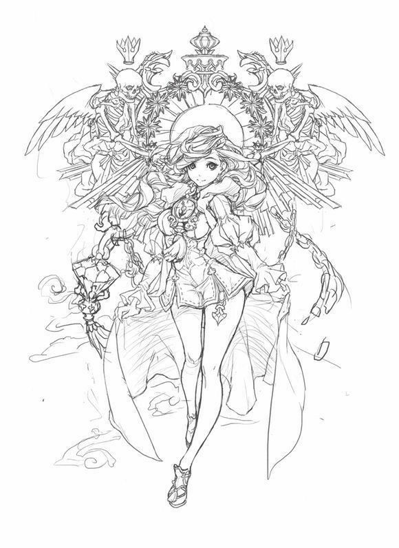the image is a detailed pencil sketch of a female warrior angel, drawn in a dynamic anime style. she stands confidently with her wings spread, holding a large ornate sword. her attire has fantasy elements, and she is surrounded by intricate details including skulls, chains, and a halolike structure. the overall composition is symmetrical and draws the eye to the powerful female figure.