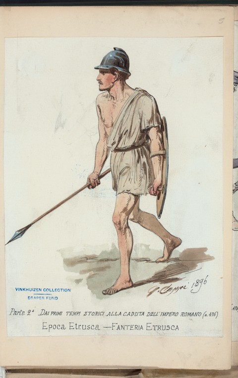 the image is a drawing from 1896 by p. capri, depicting an etruscan infantry soldier. the soldier is wearing a helmet and a togalike garment. he is barefoot and carrying a spear and a shield. the drawing is part of the vinkhuizen collection, draper fund. the image also includes the inscription "parte 2ª dai primi tempi storici alla caduta dell'impero romano (476) epoca etrusca  fanteria etrusca."
