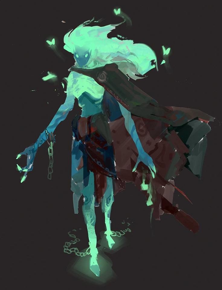 a spectral figure with blue skin and green hair is depicted in an ethereal style, surrounded by glowing green butterflies. it has a dark cloak or cape draped over its shoulders and is chained to the ground. the overall atmosphere is mystical and ghostly, suggesting a spirit or ghost. the style of the image is consistent with fantasy illustration or digital art.
