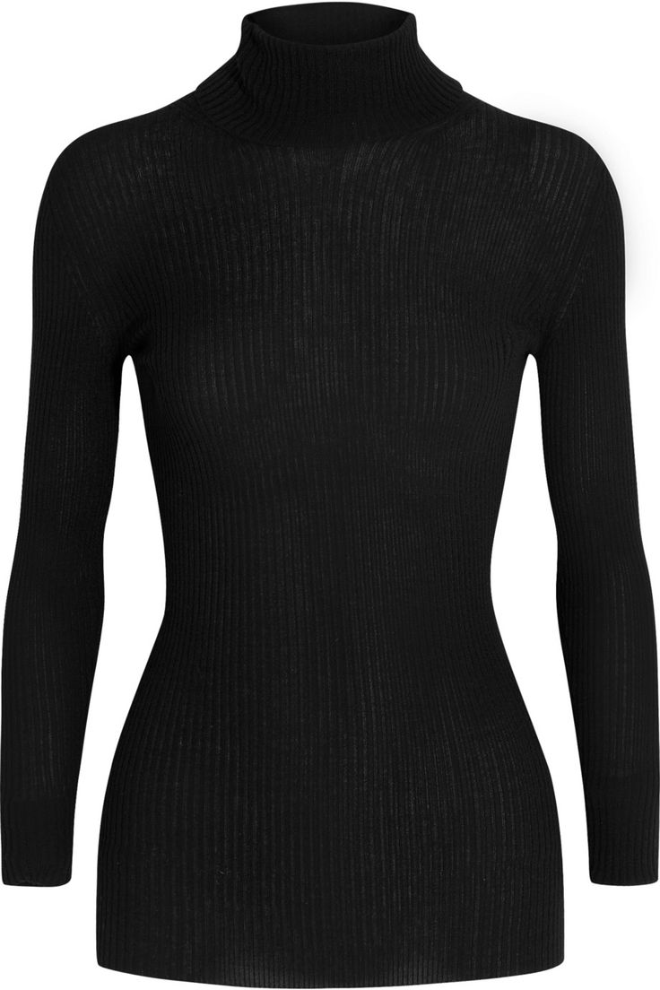 a black, ribbed, longsleeved turtleneck sweater is presented in a studio shot. the sweater is formfitting and the ribbed texture is visible throughout the garment.