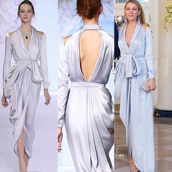 the image is a fashion collage showcasing three variations of a light grey/silver satin dress.  the first dress is a draped style with a vneck and shoulder cutouts, seen on a model on a runway. the second dress features a low, open back and is shown from the back. the third dress, worn by blake lively, is a wrap style with a vneck and a long, draped skirt. each dress shows off the versatility of the satin fabric and similar design elements in different ways, highlighting diverse styles and occasions.