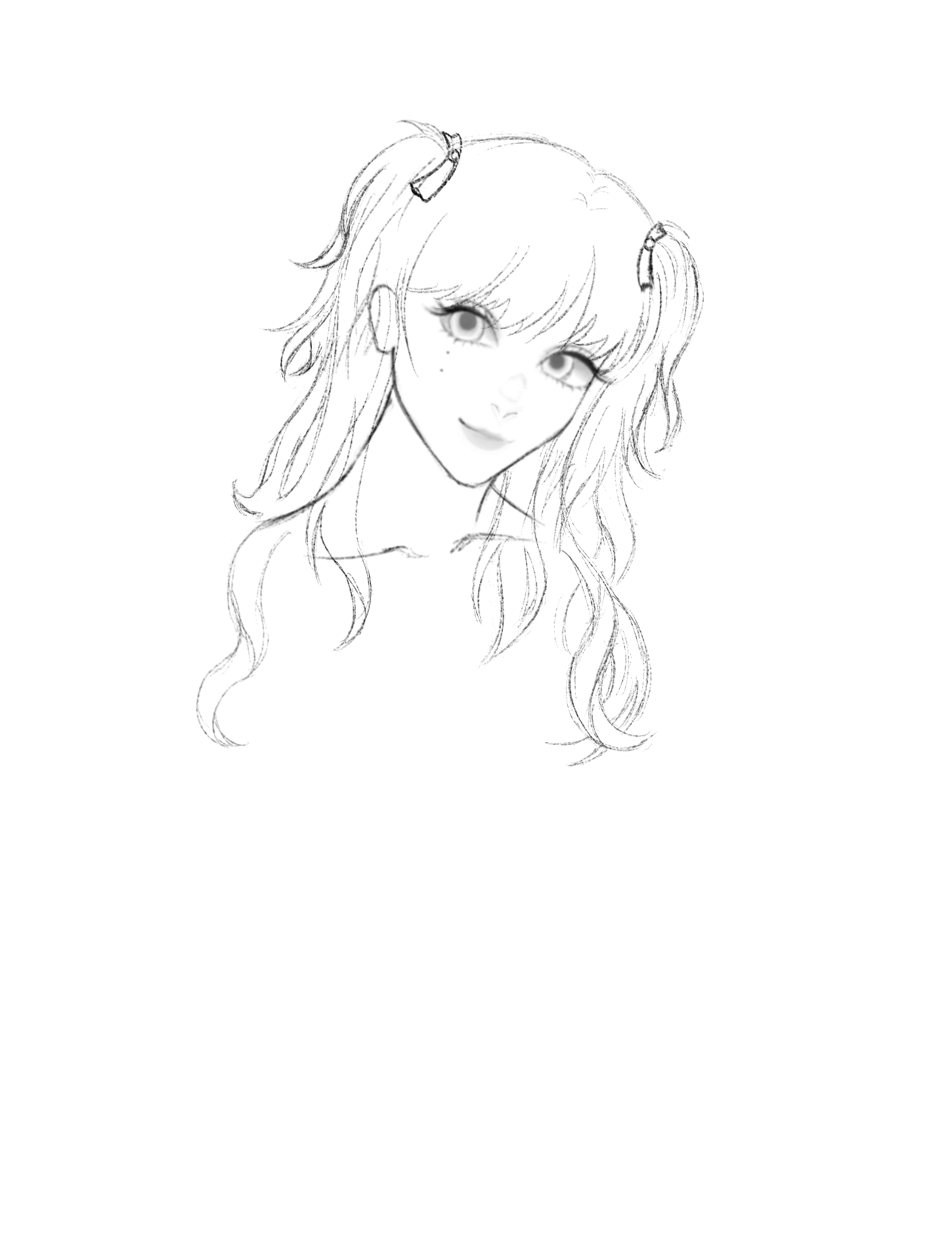 the image is a grayscale sketch of a young animestyle girl.  she has long, wavy hair styled in pigtails with small bows. her expression is gentle and serene. the style is light and sketchy, not highly detailed, giving it a soft and somewhat unfinished feel. the focus is on her face and hair, with the rest of her body only hinted at.