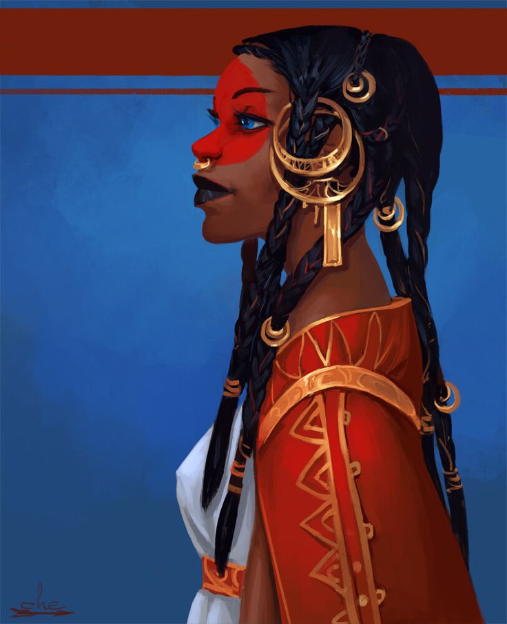 the image is a digital painting of a darkskinned woman, possibly of fantasy or africaninspired design. she is depicted in profile view, facing to the left.  her hair is styled in long, thick braids adorned with gold rings and decorative elements. she wears large, ornate gold earrings that hang down her neck, and a nose ring.  a red facial marking or paint covers part of her face. her clothing consists of a flowing red robe or dress with gold detailing and a white undergarment.  the background is a simple solid blue, creating a stark contrast with the rich colors of her attire and jewelry. the overall style is painterly and rich in texture and detail. the woman's expression is serious and regal.