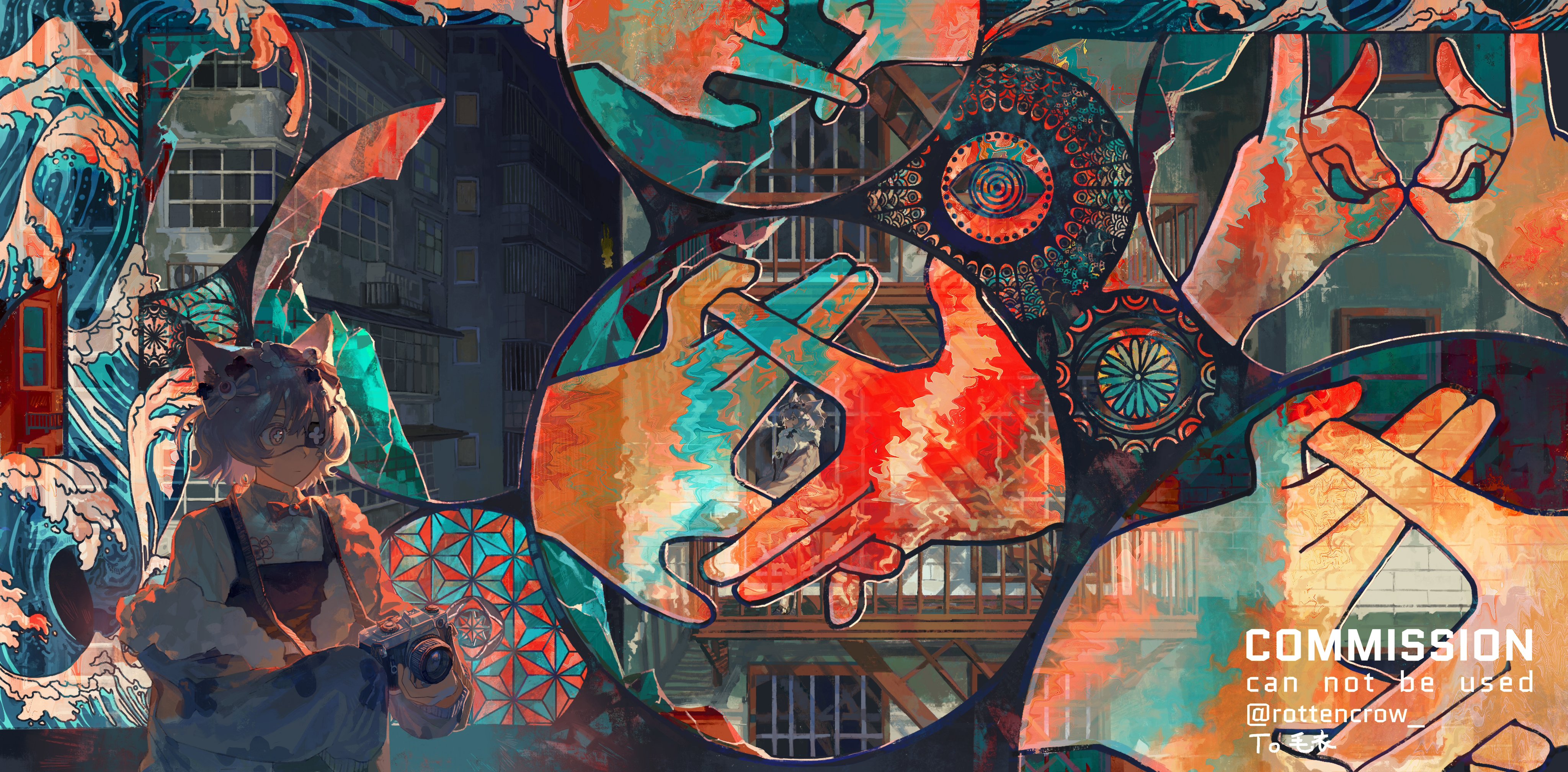 a digital art collage, depicting a woman holding a camera, in a city setting. the collage is made up of bright colors and bold lines, and includes a variety of abstract shapes and patterns, with a prominent element of hands. the art style is eclectic and energetic, with a focus on texture and detail.