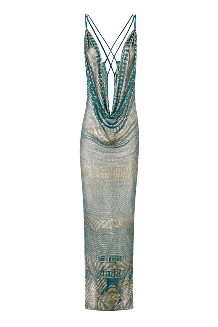 a silver and blue patterned long dress with a cowl neck and spaghetti straps is displayed on a white background.