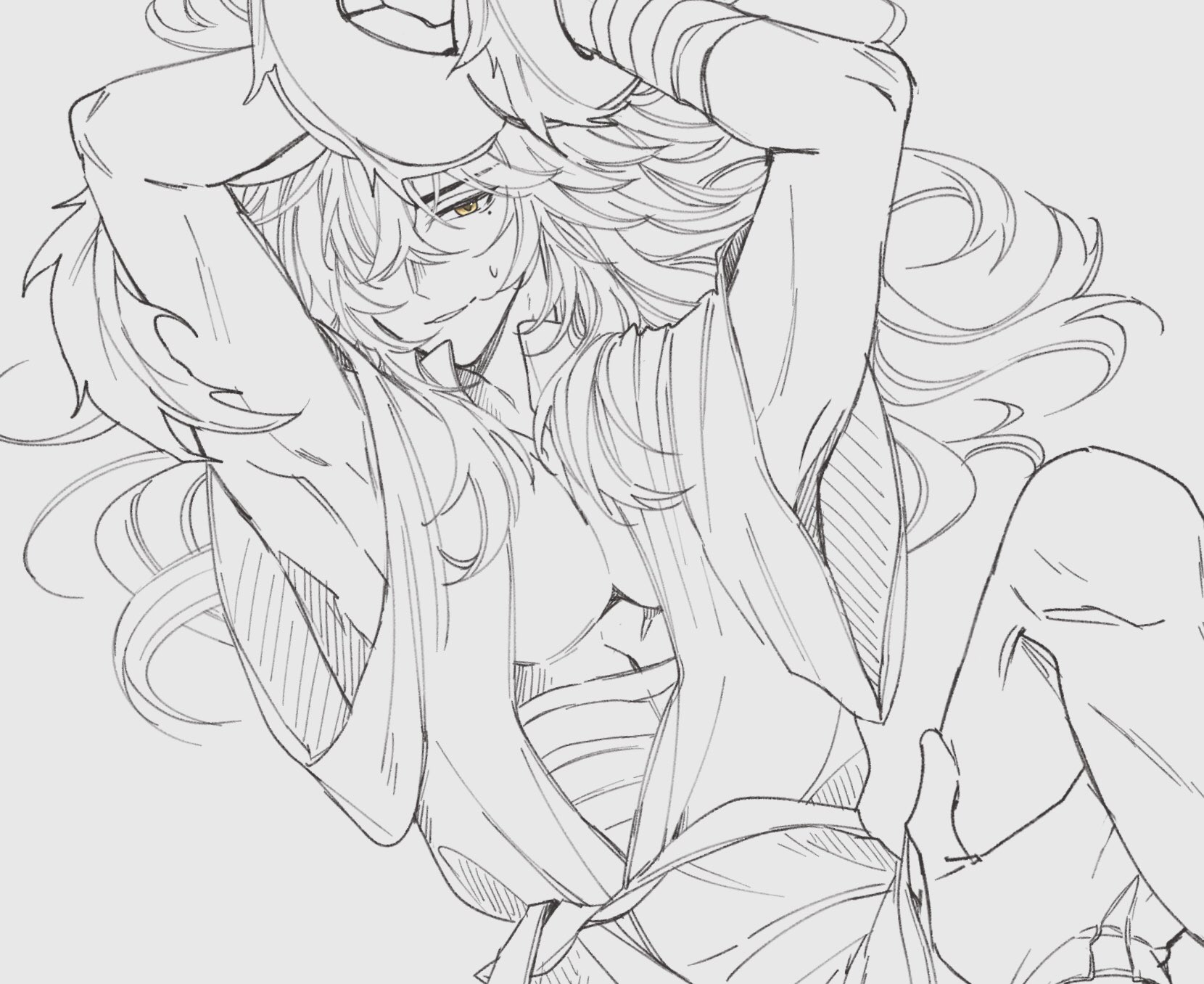 a pencil sketch of an anime male character with long hair, eyes that are a bit sad, and an expression that is somewhat tired or thoughtful. he is wearing a robe that is loosely tied at the waist and is standing with his arms folded across his chest. he is sketched in black and white with a slight grey scale in the background.