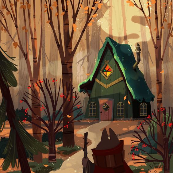 a lone figure with pointed ears, wearing a red cloak, walks towards a green crooked house nestled in an autumnal forest. the path leading to the house is strewn with fallen leaves. the lighting is soft and warm, with hints of overcast skies filtering through the canopy.  the overall feel is whimsical and cozy.