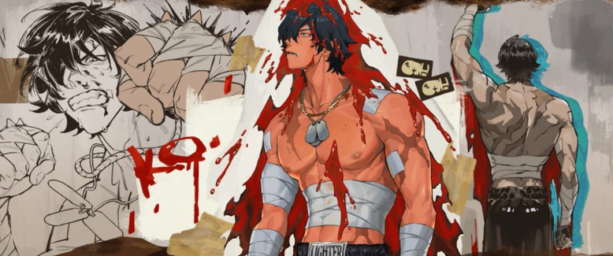 the image is a dynamic collagestyle artwork featuring a central figure, a muscular, bloody fighter. he is depicted from the front, showing his torso and arms heavily bandaged, with blood splatters across his body.  surrounding him are several other panels: one showing a man's face, bruised and crying; another showing a fist wrapped in bandages; and a third showing the fighter's back, also wounded and bandaged, in the act of seemingly painting or marking a wall with teal paint. the overall style is reminiscent of graphic novels or manga, with a raw and intense energy conveyed through the use of bold lines, expressive anatomy, and splashes of blood.  the background is a textured, distressed surface.  the color palette is predominantly red, white, grey, and black with accents of teal. the overall mood is one of intense action and violence.