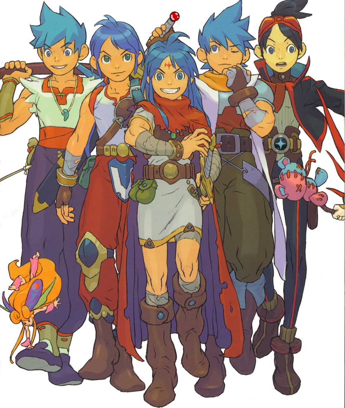 the image shows a group of characters with blue hair from the video game breath of fire iv. they are drawn in an anime or cartoon style, and they appear to be rpg characters in various poses and costumes.