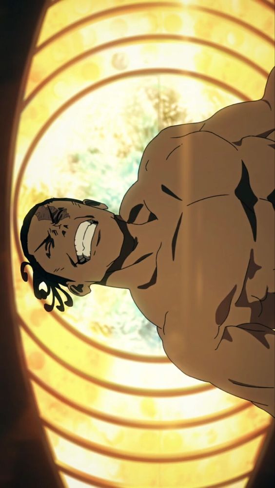 this is an anime image of a muscular man with brown skin and black and brown dreadlocks grinning upwards. he is shirtless and positioned beneath a circular light fixture. the perspective is low, looking up at the man. the overall color palette is warm.