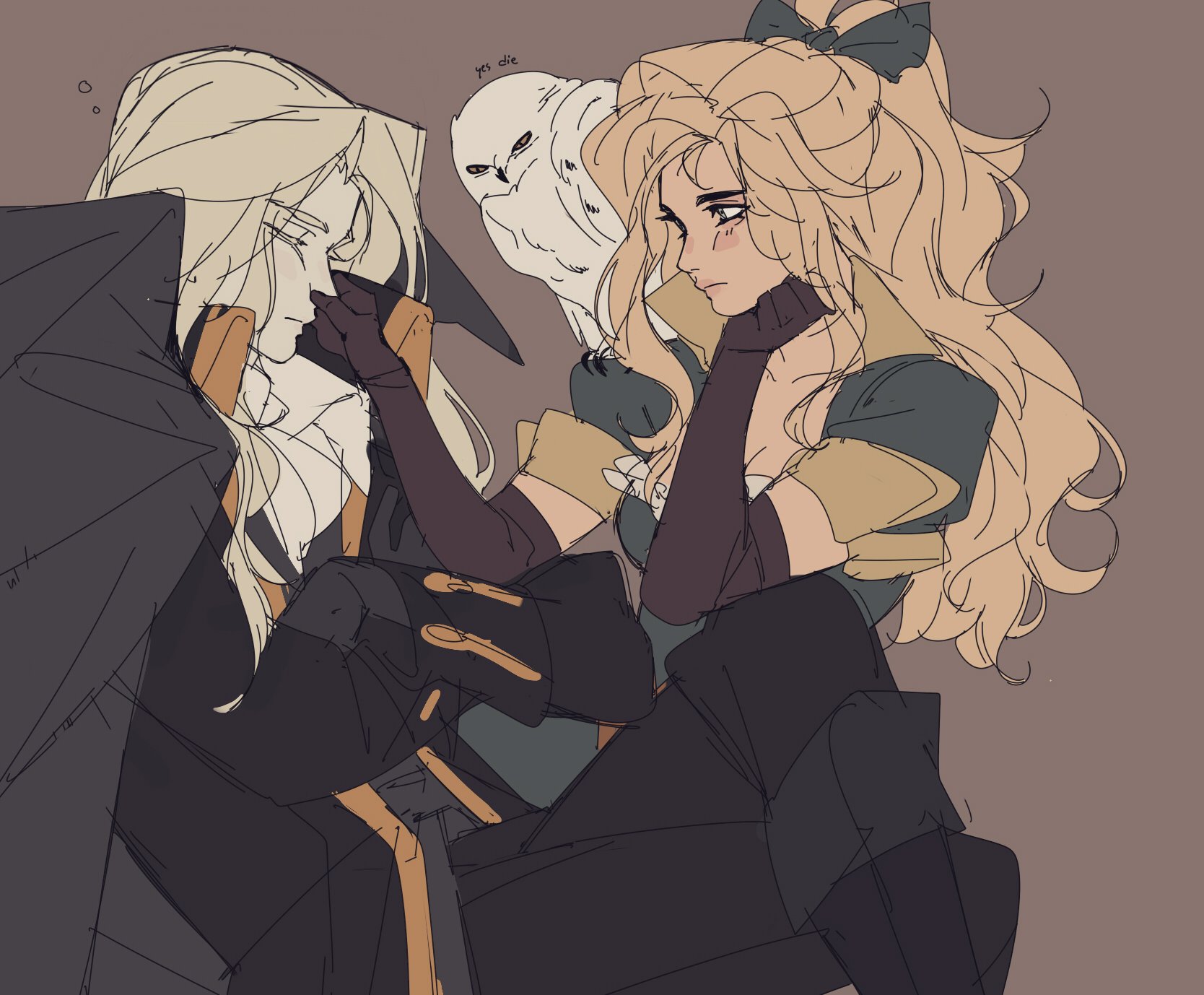 this is a digital illustration of a couple, a man and a woman, drawn in an anime style. the man has long white hair, and is wearing a black cape, a white shirt, and a black glove on his left hand. the woman has long blond hair, and is wearing a black dress, a black belt, and a black glove on her right hand. the woman is leaning toward the man as if giving him a hug, and the man's left arm is around the woman. they are both looking at each other. a white owl is sitting on the man's shoulder.  the background is a simple solid light grey color. the image is drawn in a style that is typical of manga and anime.